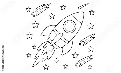 Rocket launch with stars and comets in a simple outline style