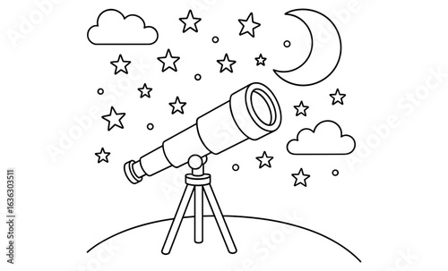 Telescope gazing under moon and stars in night sky outline drawing