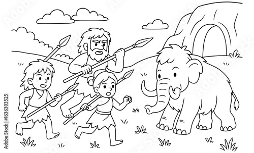 Prehistoric hunting scene: cavemen with spears chasing woolly mammoth