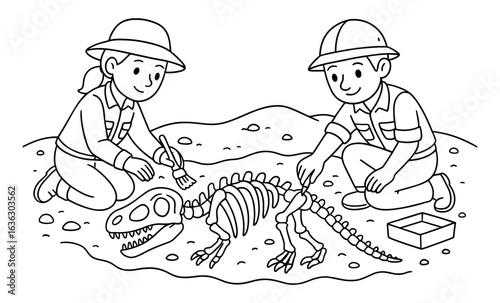 Cartoon paleontologists discover dinosaur fossil skeleton