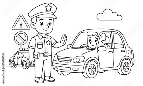 Cartoon police officer directing traffic with car and road signs in black and white