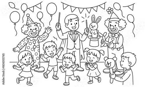 Magic show for kids with clowns and circus fun, black and white outline drawing