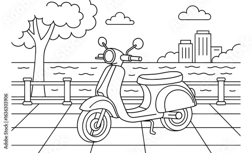 Outline of scooter by waterfront with city skyline and trees