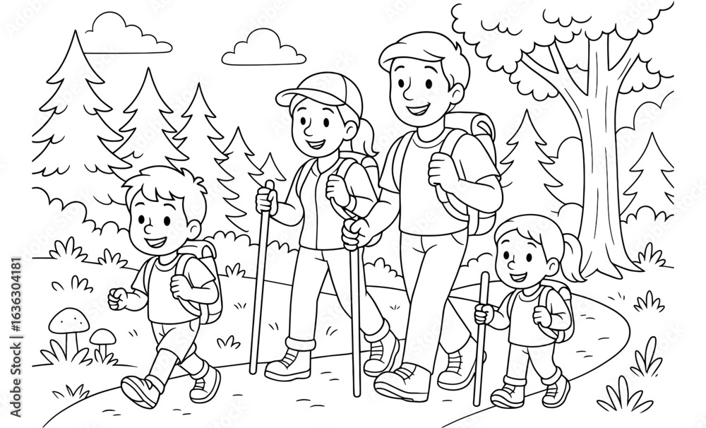 Fototapeta premium Family hiking adventure in nature - black and white cartoon design