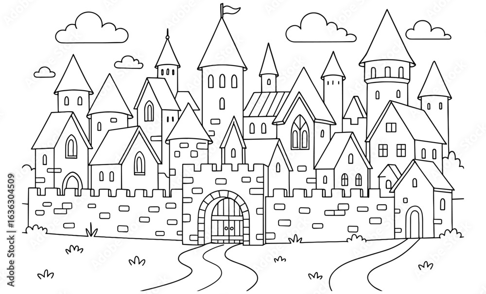 Fototapeta premium Medieval castle with towers and walls in linear style with clouds