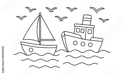 Outline drawing of sailboat and tugboat with seagulls overhead