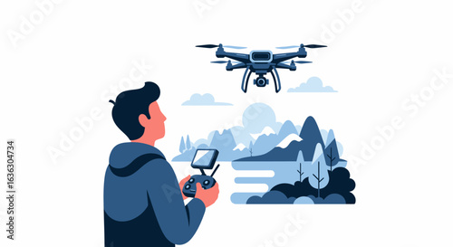 Man Piloting Drone Over Scenic Landscape with Remote Controller