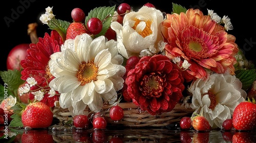 Colorful floral arrangement in a basket with strawberries and cherries against a dark background
