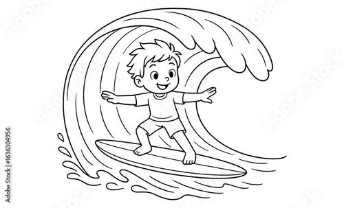 Excited child surfing a giant wave in lively black and white line art