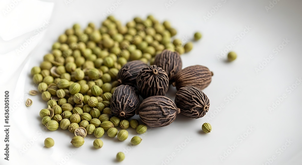 Obraz premium Coriander Seeds and Black Cardamom Pods on White Background