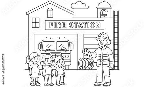 Children visiting fire station for educational tour coloring page
