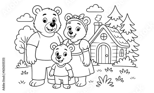 Cute bear family with cottage in forest for coloring book