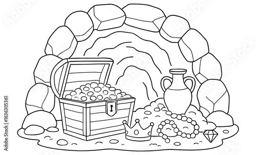 Treasure cave with open chest, beads, and ancient artifacts in black and white outline drawing