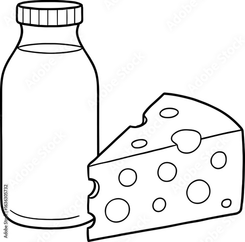 Milk bottle and cheese slice in simple outline style
