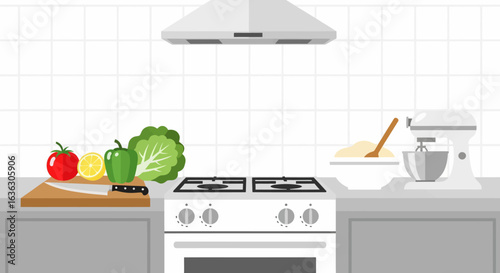 Modern Kitchen Setup with Fresh Vegetables and Stand Mixer