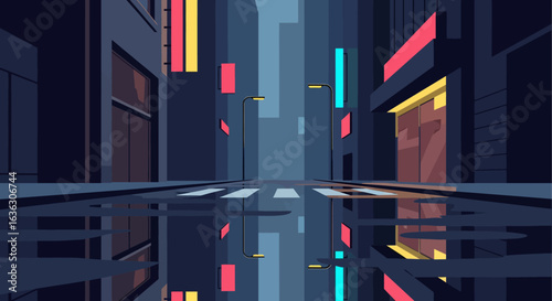 Neon-Lit City Alleyway Reflecting in Wet Pavement at Night