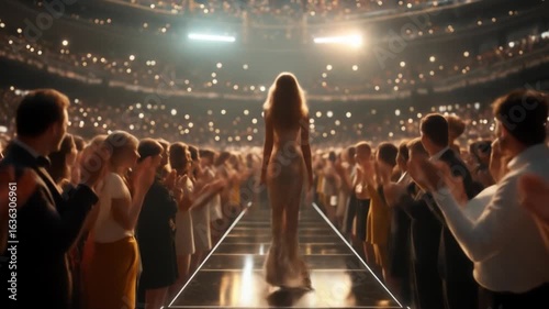 Elegant Woman in Gown Walks Stage Receiving Applause from Audience
