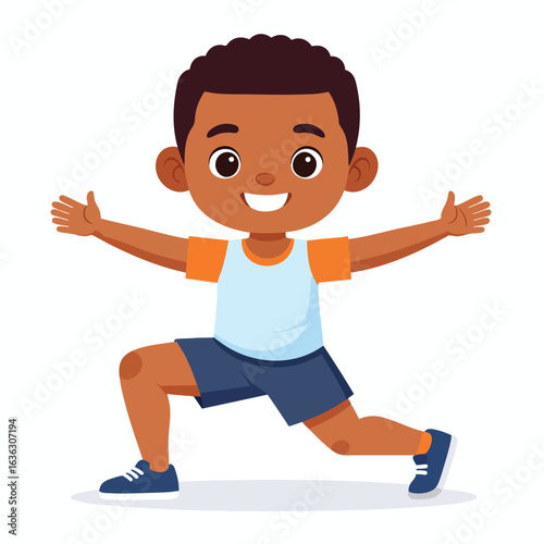 Cartoon illustration of a young boy with dark skin doing a lunge exercise, smiling with arms outstretched.