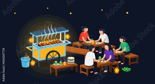 Nighttime street food scene with satay cart and people dining at tables