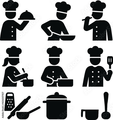 Vector logo chef icons and kitchen utensils, black and white cooking illustrations, culinary tools and actions grid