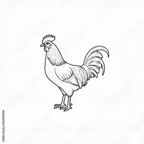 Stylized rooster with hand-drawn texture on white background, symbolism of farm life