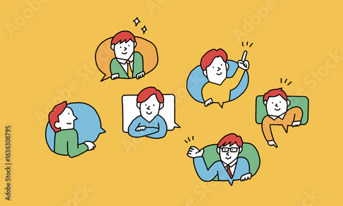 吹き出し　指差しなどのポーズする様々な世代の男性たちのイラストアイコン