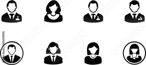 Illustration of eight business people avatars in black and white with different hairstyles | editable eps vectors silhouette
