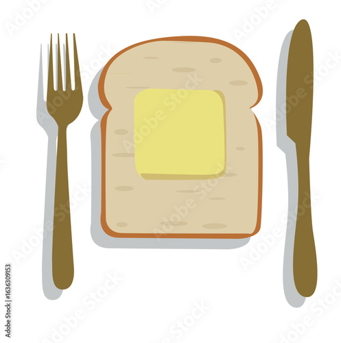 bread, butter, spoon and fork.Butter spreading on bread, top view 
