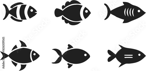 Illustration of six different fish silhouettes in a row with various fin and body shapes and markings | editable eps vectors