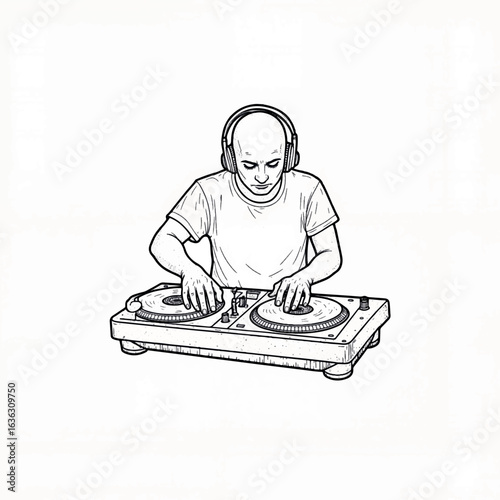 Focused disc jockey mixing music in a simplistic design, creativity