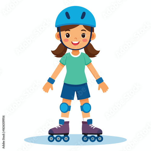 Happy girl ready for roller skating, wearing safety gear.