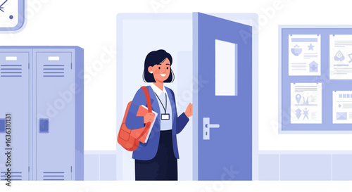 Happy female teacher with a book entering a classroom. Professional educator in a school hallway with lockers. Back to school concept.