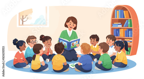 A dedicated female teacher reading a captivating storybook to a diverse group of young children sitting in a circle during class