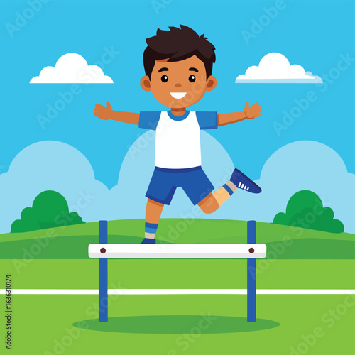 Happy boy joyfully leaps over a hurdle outdoors, showcasing athleticism and playful energy.