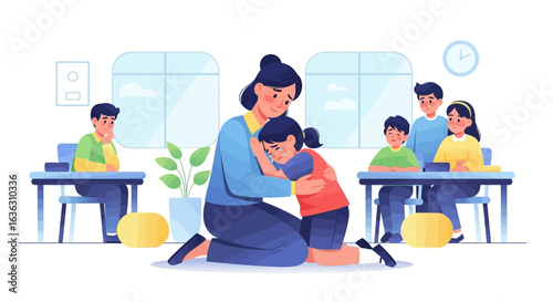 A compassionate teacher embraces a distraught child, offering solace and understanding within a classroom environment.
