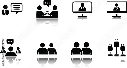 Illustration showing various forms of communication and meetings with reflections below them all | editable eps vectors silhouette