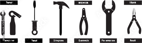 Illustration showing a variety of hand tools including wrenches, screwdriver, hammer, and different pliers | editable eps vectors silhouette