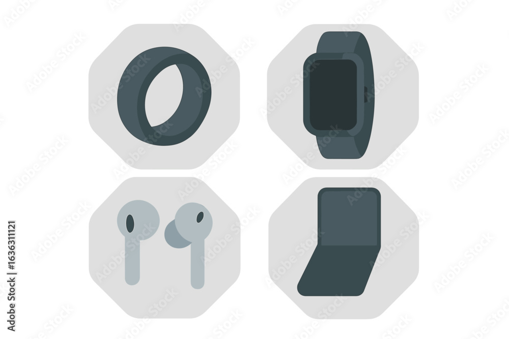 Fototapeta premium Electronics gadgets including smart ring, smartwatch, earbuds, and phone case displayed in modern design