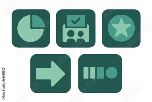 Visual representation of various user interface icons in simple design style on a green background showcasing data, options, and navigation