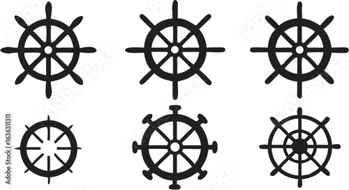 A collection of six ship wheels in black and white with varying spoke designs and center hub styles | editable eps vectors silhouette