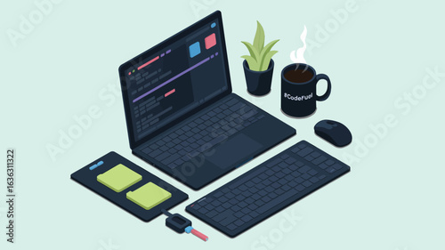 Modern workspace with laptop displaying code, external keyboard, mouse, smartphone, and coffee, symbolizing tech productivity and focus