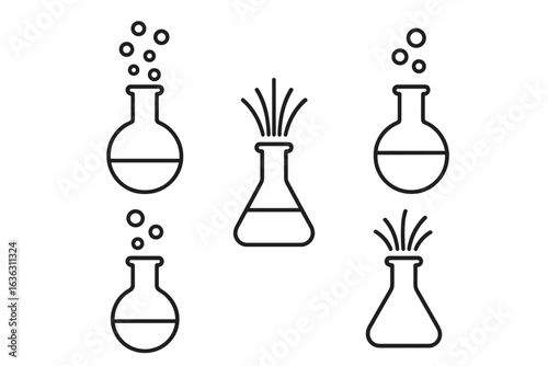 Collection of laboratory glassware featuring flasks and beakers with bubbling substances and vapor on a clean background