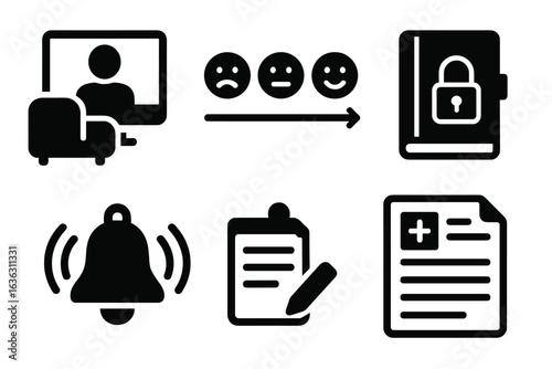 Digital wellness and mental health support tools showcased through various icons in a simple layout