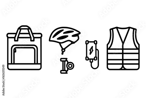 Cycling accessories including a helmet, hydration pack, safety vest, and a portable charger for outdoor adventures