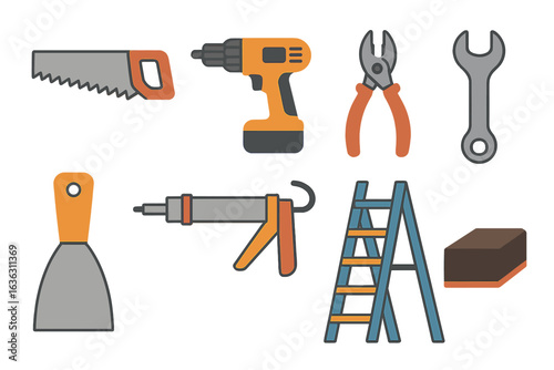 Essential tools for home improvement projects including drill, saw, ladder, and accessories