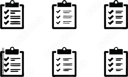 Illustration of six black checklist icons with checkmarks and lines on a white isolated background | editable eps vectors silhouette