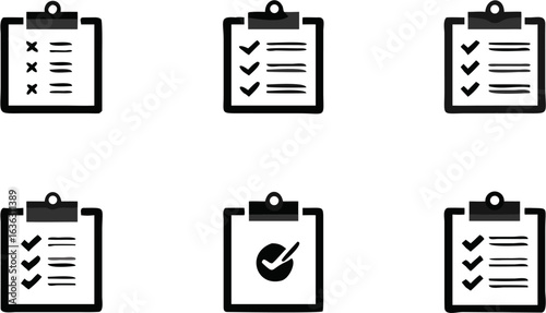 Illustration showing six clipboards with different check marks and x marks on them for various tasks | editable eps vectors silhouette