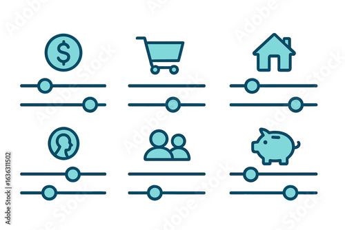Icons representing financial management, shopping, real estate, and family dynamics with sliders for adjusting values clearly depicted