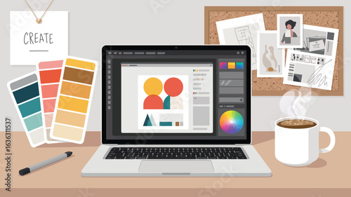 Creative workspace with laptop running design software, color palette, coffee, and corkboard, symbolizing artistic focus and digital creativity