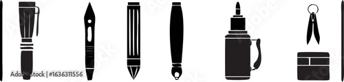 Illustration of various writing and drawing tools including pens, ink bottle and eraser, stationery set | editable eps vectors silhouette